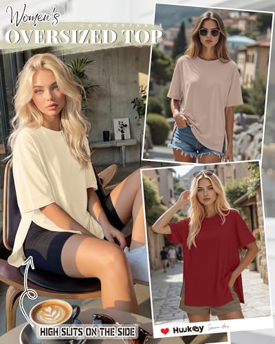 Huukeay 3 Pack Women's Oversized T Shirts Workout Tops - color: Apricot, Wine Red, Gray Khaki, size: X-Large