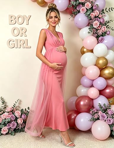 Maternity Maxi Dress V Neck Sleeveless Tulle Overlay Formal Gown - size: Medium
