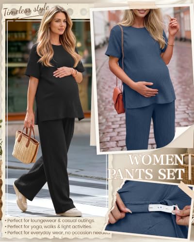 Ficerd 4 Pcs 100% Cotton Muslin Maternity Pajamas Lounge Sets - color: Blue, Black, size: Small