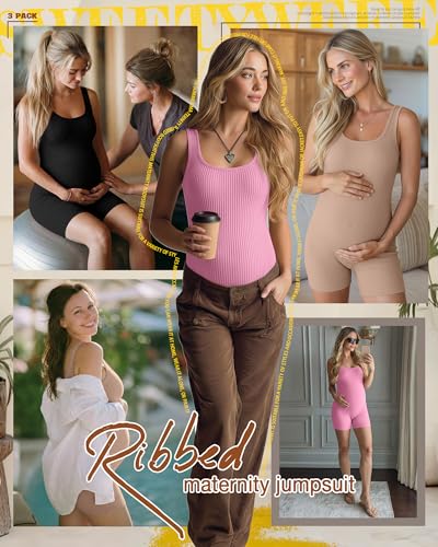 3 Pack Maternity Rompers for Women - color: Black, Khaki, Pink, size: Medium