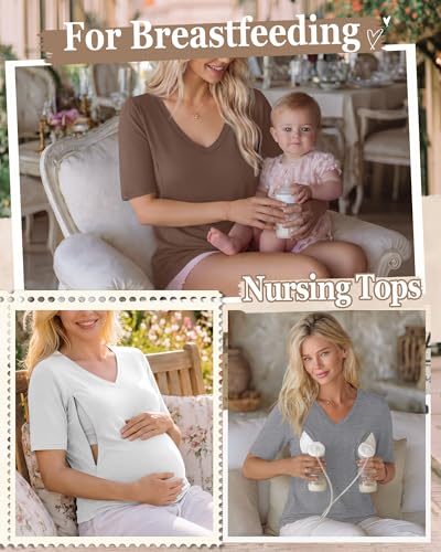 4 Pack Women Nursing Shirts Breastfeeding Tops - color: Brown, White, Gray, Black, size: X-Large