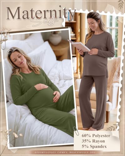 Huukeay 2 Pack Maternity Long Sleeve Pajamas Sets - color: Army Green, Coffee, size: X-Large