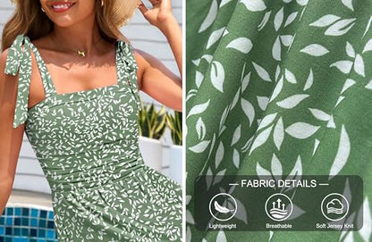 Zattcas Womens 2026 Summer Tie Shoulder Floral Maxi Dress with Pockets - color: Greenwhite Leaf, size: Medium