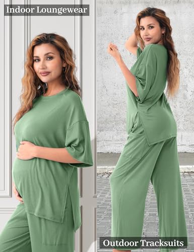 Maternity Lounge Set, 2 Piece Matching Set with Wide Leg Pants - color: Sage Green, size: Medium