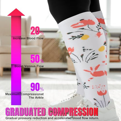 bropite Plus Size Compression Socks For Women&Men,Wide Calf Knee High Socks - color: 09 4 B-p-w-b Flower Plus, size: 4X-Large