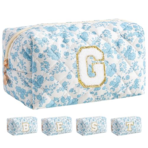 HBselect Personalized Makeup Bag for Women Initial Quilted Toiletry Bag - color: Blue Flower, size: G