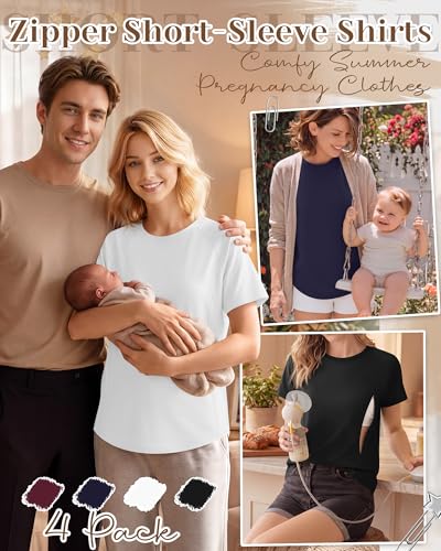Huukeay 4 Pack Women's Nursing Breastfeeding T-Shirts - color: Wine Red, Navy Blue, White, Black, size: Medium