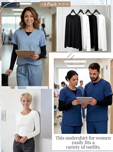 Rolimaka 4-Pack Women's Long Sleeve Underscrub Base Layer Tops for Nurses - size: Medium