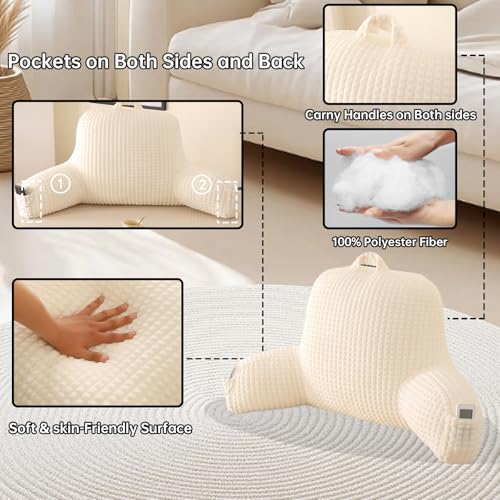 Reading Pillow with Arms for Sitting in Bed,Backrest,White Flannel,M - color: Cream, size: Standard(17")