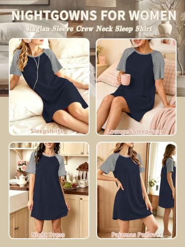 Nightgowns for Women Raglan Sleeve Night Shirt Soft Sleepshirts - color: Grey and Navy Blue, size: Large