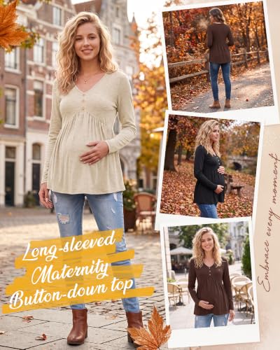 Cutecrop 3 Pack Maternity Long Sleeve V Neck Shirt - color: Black, Brown, Apricot, size: Small
