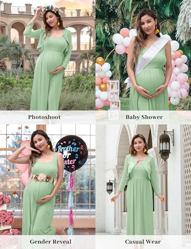 2 PCS Maternity Dress with Cardigan Set, Tank Maxi Pregnancy Dresses - color: Sage Green, size: Medium