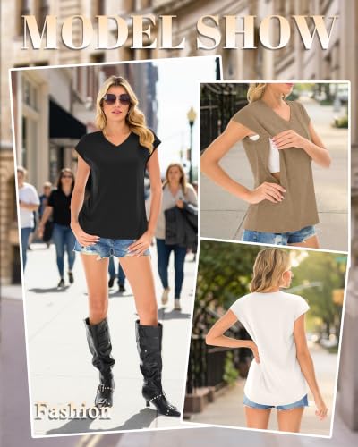 3 Pack Womens Nursing Tops V Neck - color: Light Brown, White, Black, size: Small