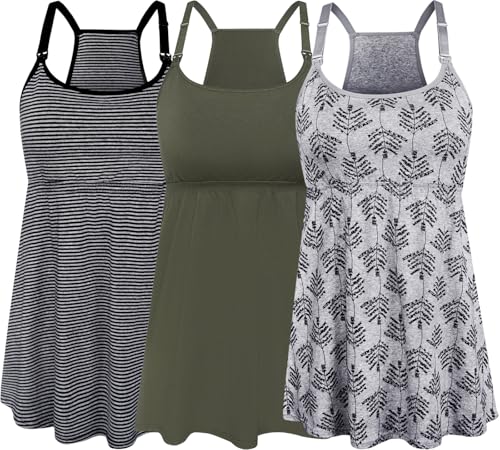 SUIEK 3-Pack Cotton Maternity Nursing Tank Tops Breastfeeding Cami Shirts - color: A-stripe+army Green+grey Print - Fourth Style, size: Medium