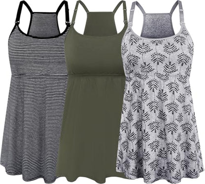 SUIEK 3-Pack Cotton Maternity Nursing Tank Tops Breastfeeding Cami Shirts - color: A-stripe+army Green+grey Print - Fourth Style, size: Medium