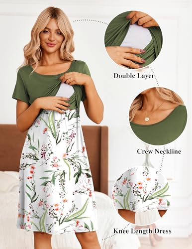 Maternity Summer Dress Breastfeeding Nursing Friendly Pregnancy Dresses - color: White-green Leaf, size: Large