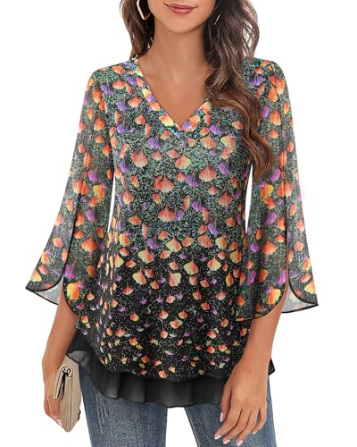 Timeson Women's 3/4 Sleeve Floral Blouses Shirts - color: Black Beige, size: Medium