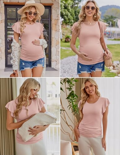 Ekouaer Maternity Shirts 3 Pack Flying Short Sleeve Tops Pregnancy Clothes - color: Light Grey / Black / Pink(3pcs), size: Medium