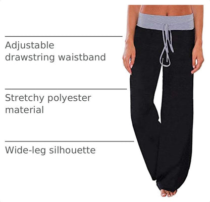 iChunhua Women's Comfy Stretch Floral Print Drawstring Palazzo Wide Leg Lounge Pant - color: Solid Black, size: Medium