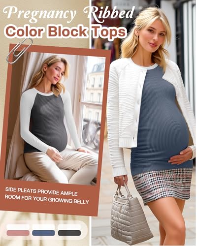 Neer 3 Pack Maternity Long Sleeve Shirts Ribbed Pregnancy Tops - color: Dark Gray, Haze Blue, Pink, size: Small