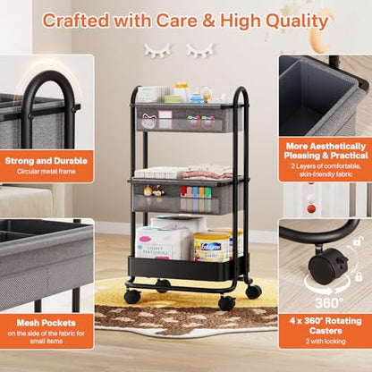 Modanais Baby Diaper Caddy Organizer Cart - 3 Tier Rolling Cart, Black - color: Black