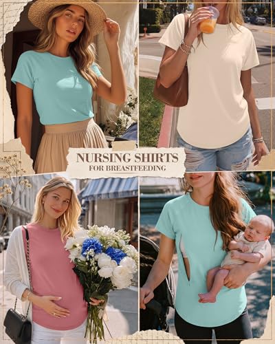 3 Pack Womens Nursing Tops - color: Aqua Blue, Pink, Cream, size: X-Large