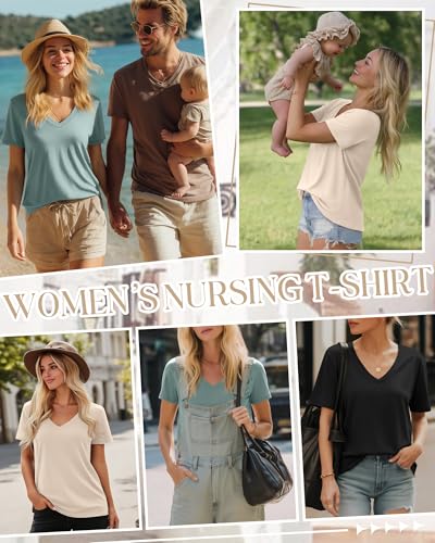3 Pack Women's Nursing Tops Breastfeeding Shirts - color: Black, Gray Green, Apricot, size: Small