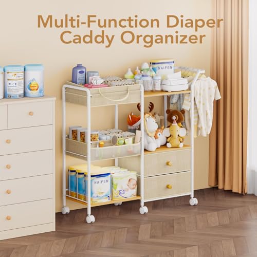 BBLIKE Diaper Caddy Organizer, Baby Storage Cart with Hanging Rack, Beige - color: Beige