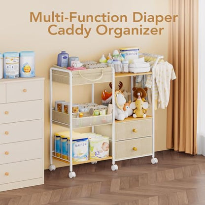 BBLIKE Diaper Caddy Organizer, Baby Storage Cart with Hanging Rack, Beige - color: Beige