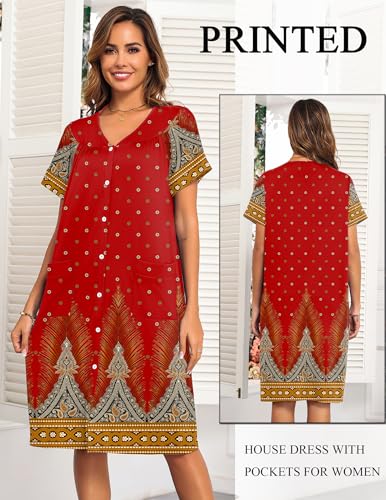 Ekouaer House Dress for Women with Pockets Button Down Nightgowns Moo Moos - color: Ethnic Red, size: Medium