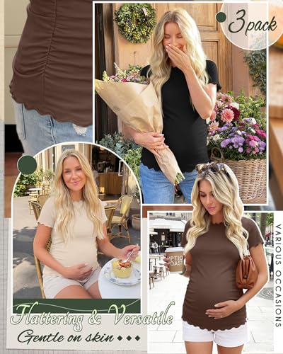 Xaatren 3 Pack Women's Maternity Short Sleeve Shirts - color: Beige, Brown, Black, size: Medium