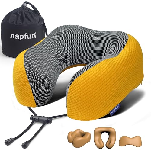 napfun Neck Pillow for Travel, Memory Foam Airplane Pillow, Yellow - color: Yellow