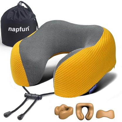 napfun Neck Pillow for Travel, Memory Foam Airplane Pillow, Yellow - color: Yellow
