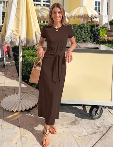 MEROKEETY Women's Summer T Shirt Casual Work Wrap Maxi Dresses - color: Coffee, size: Medium