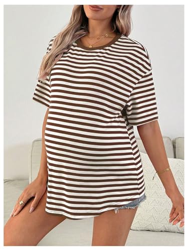 OYOANGLE Women's Striped Short Sleeve Maternity T Shirts Crewneck Split Hem Casual Tee Tops - size: Medium