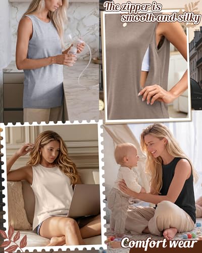 4 Pack Women Nursing Tank Tops Breastfeeding - color: Latte, Beige, Smoky Gray, Black, size: Large