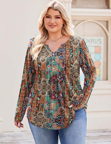 IN'VOLAND Womens Plus Size Long Sleeve Shirts Fall Tunic Top V Neck Shirt - color: Boho-mz721, size: 1X