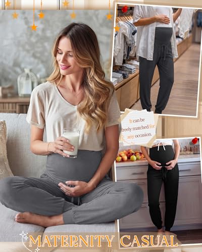 3 Pack Womens Maternity Pants Loose Pregnancy Joggers - color: Black, Light Heather Gray, Dark Heather Gray, size: Medium