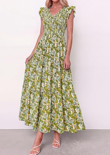 PRETTYGARDEN Women's Smocked Boho Floral Maxi Dress - color: Army Green, size: Medium