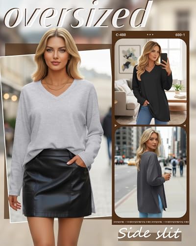 Huukeay 3 Pack Women's Oversized Long Sleeve V Neck Shirts - color: Black, Heather Gray, Gray, size: X-Large