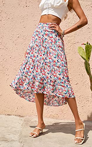 PRETTYGARDEN Women's Ditzy Floral Print Midi Skirt High Low Hem - color: Blue Red, size: X-Large