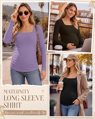 Huukeay 4 Pack Women's Maternity Shirts Ribbed Pregnancy Tops - color: Black, Dark Brown, Purple, size: Medium