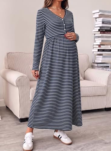 BLENCOT Maternity Dress V Neck Long Sleeve Striped Button Down Maxi Dresses - color: Navy Blue, size: X-Large