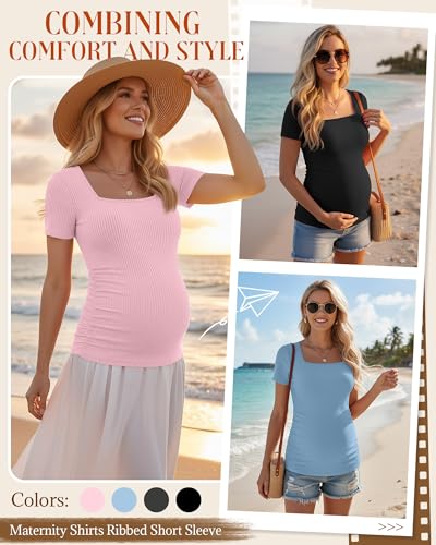Huukeay 4 Pack Women's Short Sleeve Maternity Shirts - color: Black, Dark Gray, Light Blue, Pale Pink, size: Small