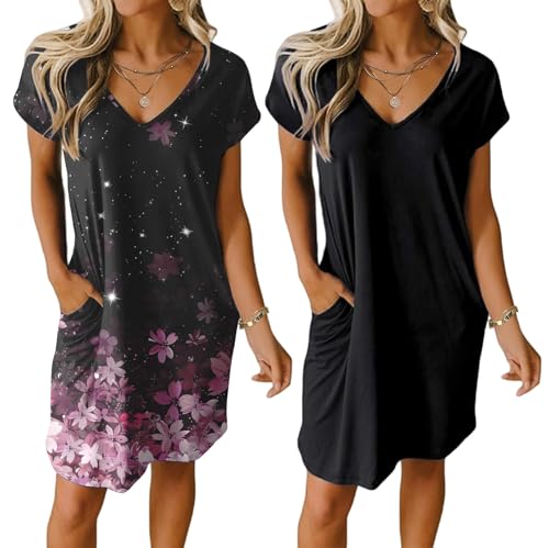 Ekouaer Womens 2 Pack Nightgown with Pockets Short Sleeve Night Shirts - color: Black and Flower, size: Large