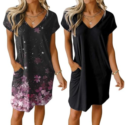 Ekouaer Womens 2 Pack Nightgown with Pockets Short Sleeve Night Shirts - color: Black and Flower, size: Large