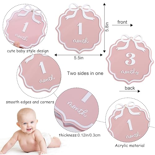 Pink Acrylic 1 to 12 Months Milestone Cards - Bow Nursery Decorations