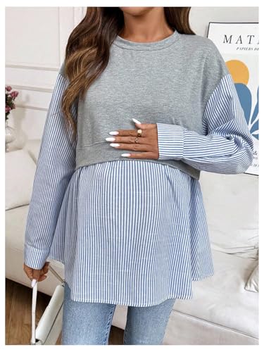 MakeMeChic Women's Going Out Striped Maternity T Shirt Crew Neck Long Sleeve Pregnancy Tops - size: Medium