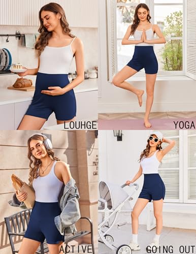 Ekouaer 3 Pack Maternity Shorts with Pockets Pregnancy Stretchy Pajama - color: Black/Black/Navy Blue, size: Small