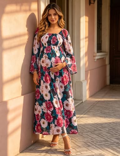 Maternity Square Neck Floral Maxi Dress Bell Sleeve Gown - size: Large